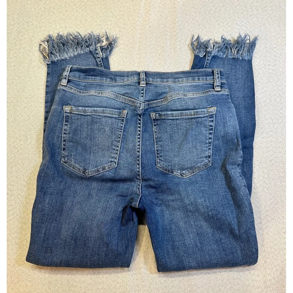 Free People Distressed Frayed Fringe Hem Skinny Jeans Medium Wash Blue Size 30